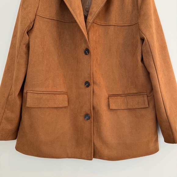 Faux Suede Brown Lapel Collar Button Up Oversized Jacket Blazer Small - Picture 13 of 14